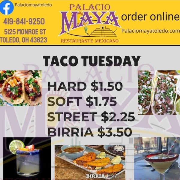 Palacio Maya Mexican restaurant advertises Taco Tuesday specials with various tacos and margaritas.