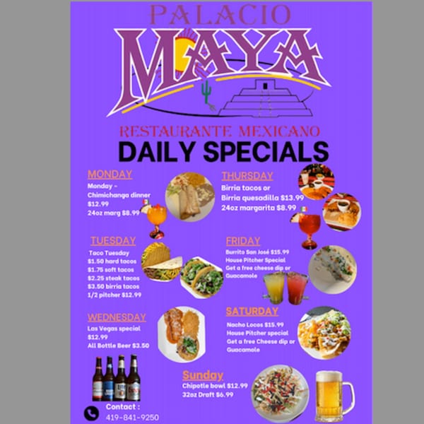 Palacio Maya Mexican Restaurant daily specials menu with various food and drink items.