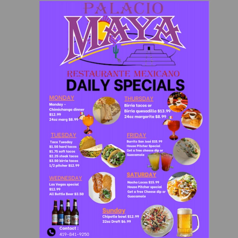 Palacio Maya Mexican Restaurant daily specials menu with various food and drink items.