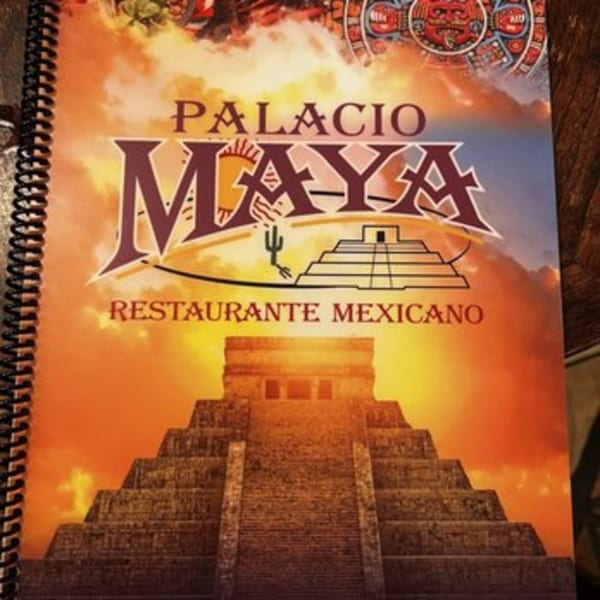 Palacio Maya Mexican Restaurant menu cover with a Mayan pyramid against an orange sunset.