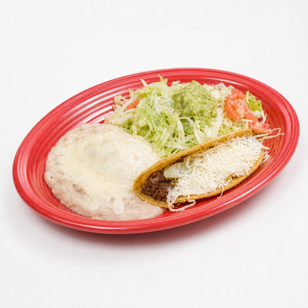 1. Chile Relleno, Beef Taco, Beans, & Guacamole Salad.