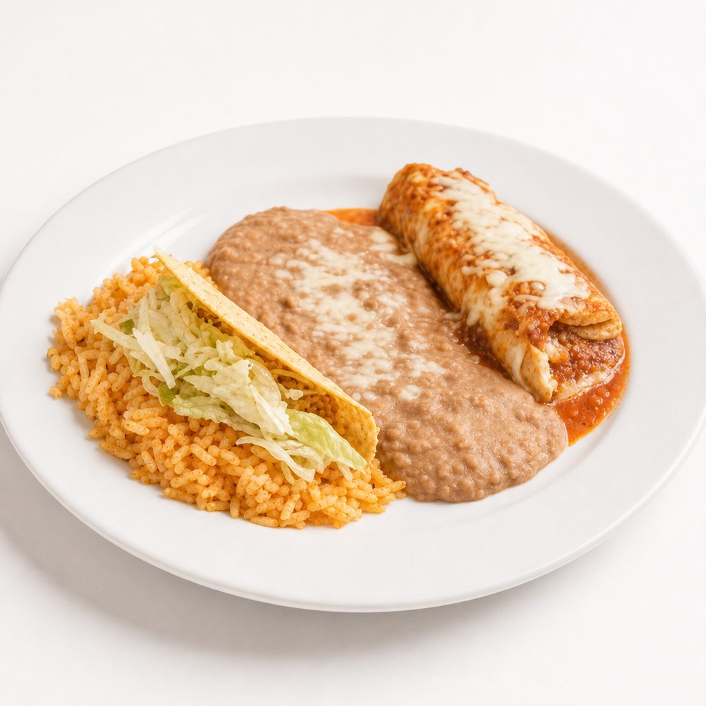 3. Enchilada, Rice, & Beans.