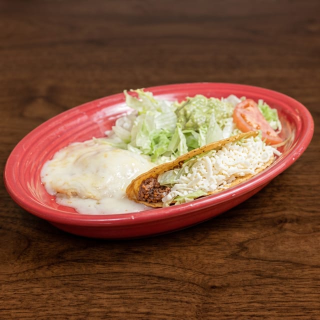1. Chile Relleno, Beef Taco, Beans, & Guacamole Salad.